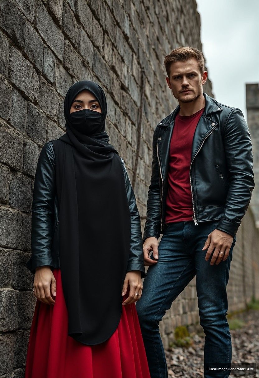 A biggest black hijab girl, beautiful eyes, face mask black, black leather jacket, biggest red longest dress, untall,

Jamie Dornan, handsome, face mask black, fit and tough body, metal red t-shirt, black leather jacket, jeans, tall man,

standing near wall together, 
Hyper realistic, photorealistic, street photography, Victoria's abandoned castle, gloomy.