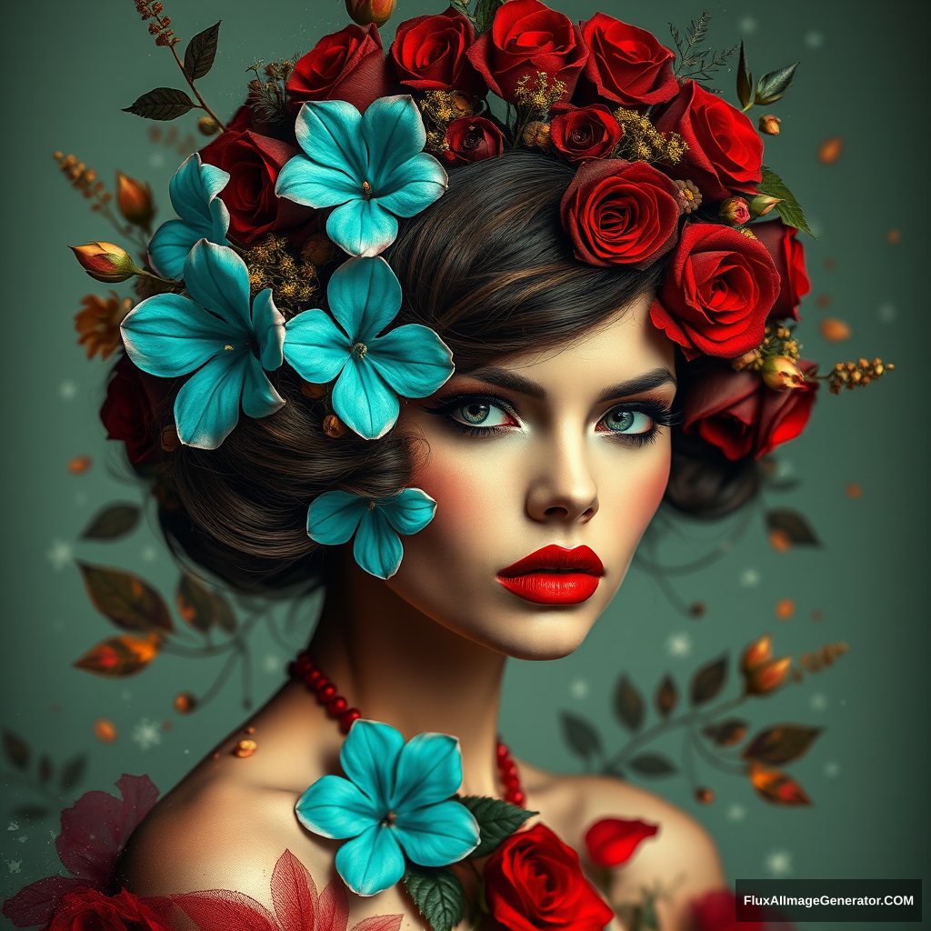 A portrait that blends elements of fantasy, nature, and artistic expression. The central focus is a woman's face, adorned with vibrant makeup, particularly her bold red lips. Her expression is intense and captivating. The woman's hair is styled with an elaborate floral crown, featuring deep red roses and other flowers. This crown extends beyond her hair, creating an ornate halo effect. What's particularly notable is the layered, dream-like quality of the image. The woman's body seems to blend with or emerge from a background of flowers, leaves, and abstract elements. Turquoise and red flowers appear to be growing from or superimposed over her skin, creating a surreal, organic effect. The color palette is rich and contrasting, with deep reds, vibrant turquoises, and warm golds set against a muted, green-toned background. There's a shimmering, ethereal quality to the image, with what looks like glitter or light effects adding a magical touch. The overall effect is reminiscent of a blend between a high-fashion photograph and a fantastical painting. It evokes themes of natural beauty, the connection between humans and nature, and the blurring of reality and imagination.