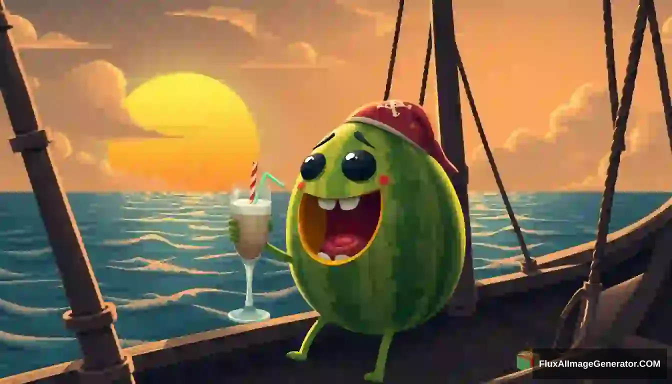 'a melon drinking a milkshake with a straw on a pirate ship with a big sun in the background' - Image