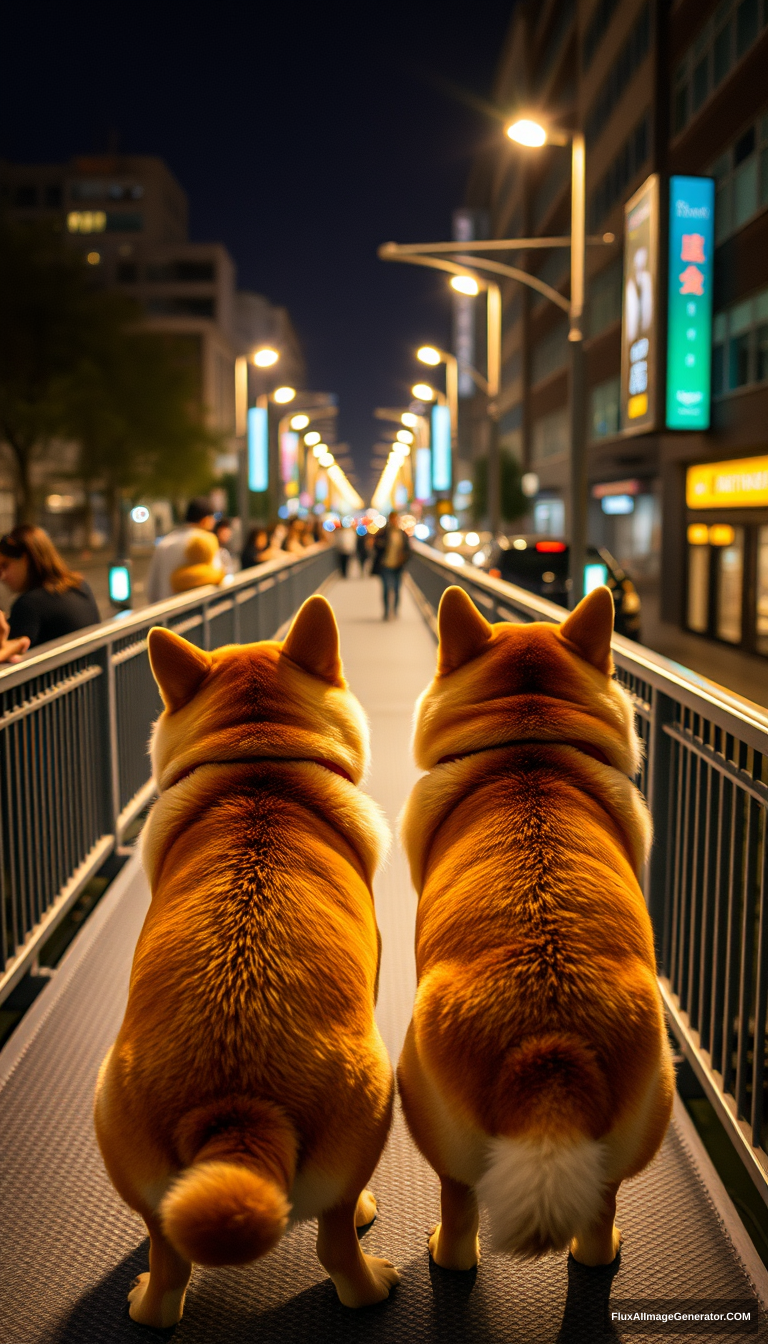 Two Shiba Inu dogs are enjoying the night view on a pedestrian bridge on a street at night, with their backs to the audience.