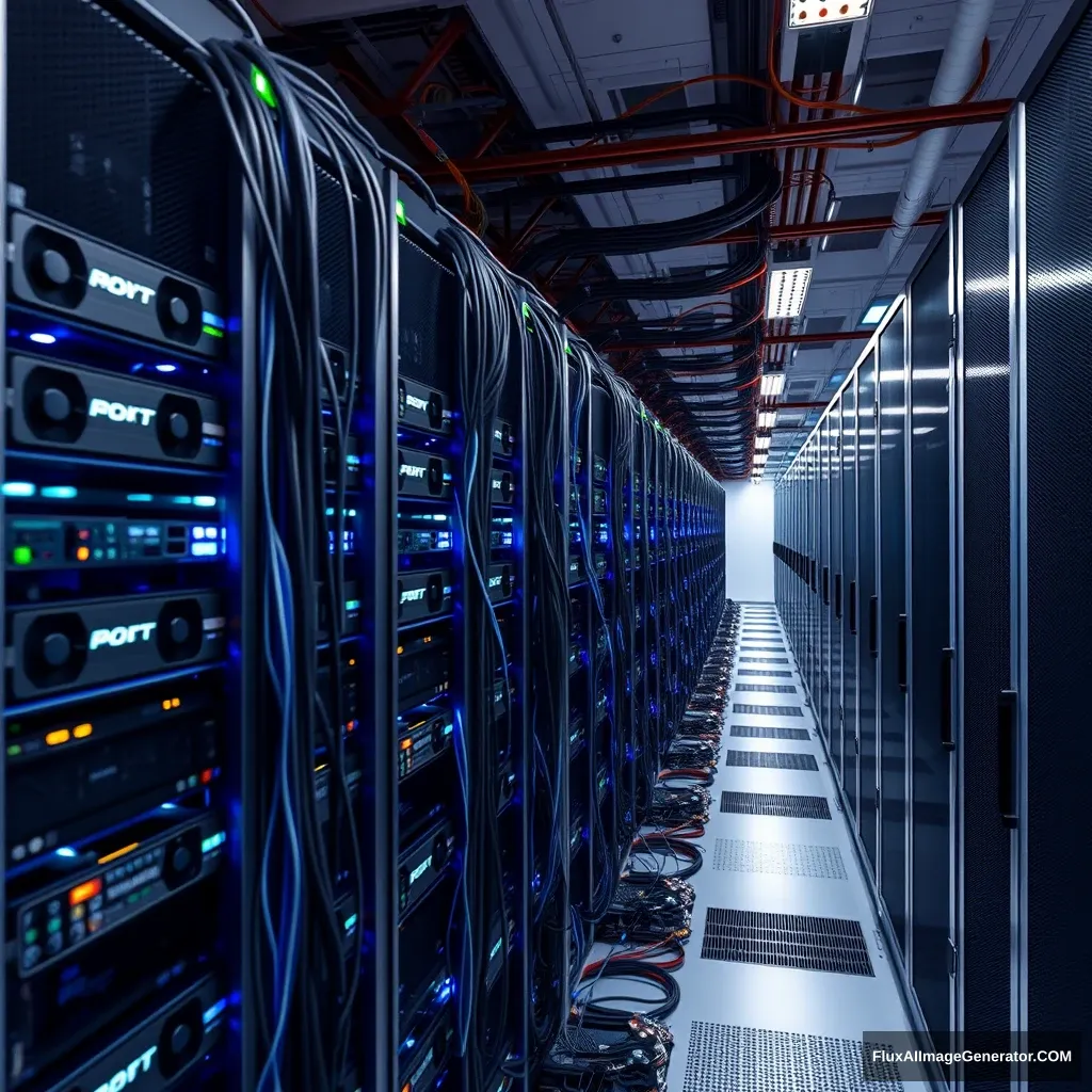 Picture of a data center full of GPU servers, all of which are connected. - Image