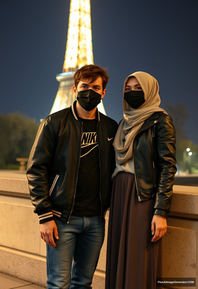 Jamie Dornan, youngest, black face mask, collage jacket, Nike t-shirt, jeans, tall man, fit body,

Dating, love with the biggest grey hijab Muslim girl, beautiful eyes, black face mask, leather jacket, biggest longest skirt, cute short girl,

standing against a wall, an Eiffel Tower, night scenery, hyper-realistic, photorealistic, street photography.