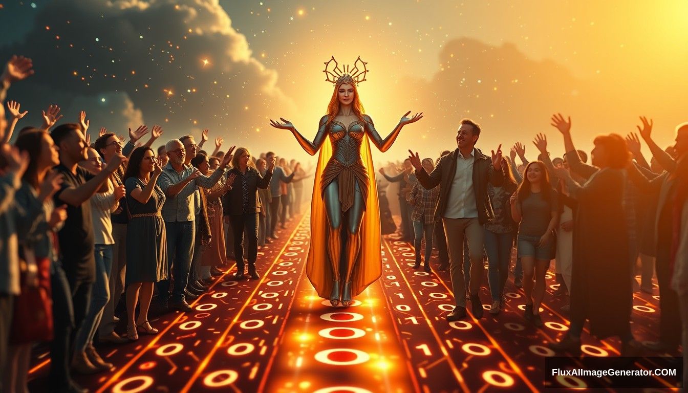 Photorealistic, Instagram-style image featuring a bright and hopeful scene depicting the concept of blockchain and decentralization. The scene is captured from a distant, wide-angle perspective, showcasing its grand scale. In the foreground, a futuristic and sci-fi styled goddess symbolizing blockchain and decentralization leads the people towards a bright future. She stands on a digital road made of glowing lines and various random characters, including 0s and 1s, symbolizing the path of digitalization. Light shines from the front, illuminating the goddess and casting a warm, hopeful glow over the entire scene. She is surrounded by families and individuals of predominantly European descent who are joyous and supportive, reaching out their hands towards the goddess, symbolizing their desire to follow her. The background is filled with elements that evoke a sense of hope and optimism. The overall aesthetic is vibrant and polished, with a modern Instagram filter applied to enhance colors and contrast.