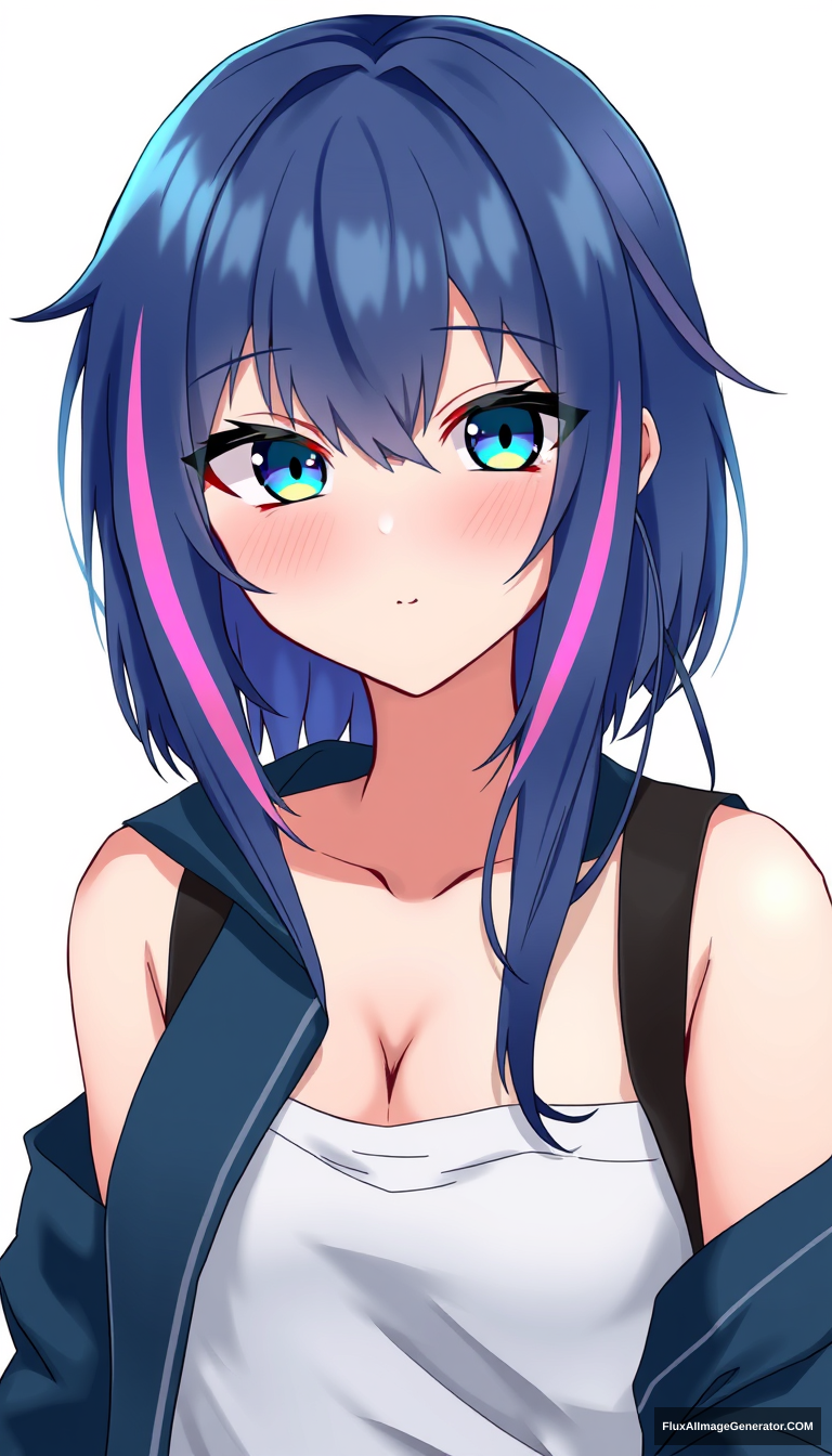 A teenage girl has captivated many with her striking appearance. Wearing a dark blue color with vibrant highlights, anime style is important. Chest-up drawing. - Image