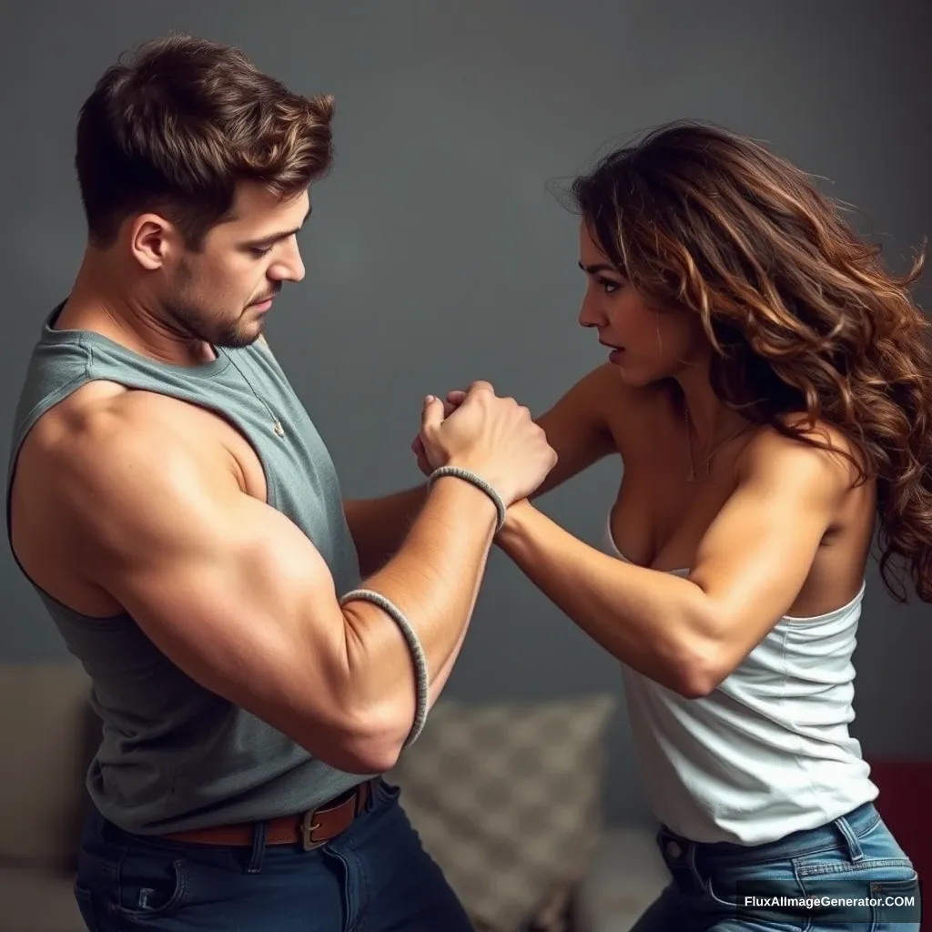 A pretty small delicate and slim lady fighting her big muscular boyfriend in a casual fight. She is completely in control, defeating and beating him badly and completely. She delivers a hard punch that makes him stumble; he looks defenseless and has a desperate expression, close to falling unconscious.