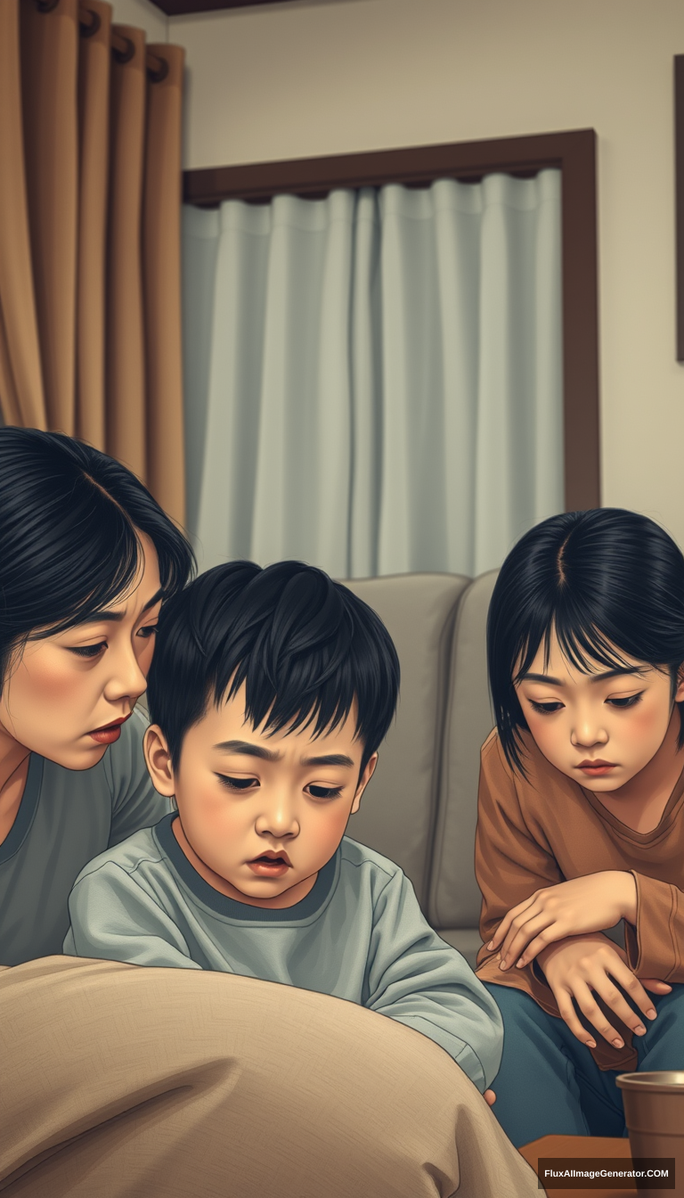 East Asian family, family members with repressed expressions, living room setting, parents scolding child, child looking down silently, tense family atmosphere. extra realistic. - Image