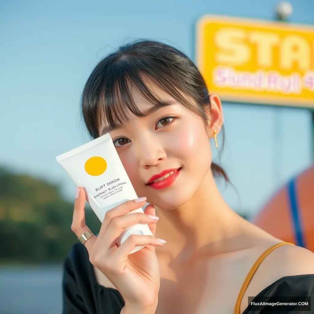 A Korean idol-style woman holding a sunscreen product.