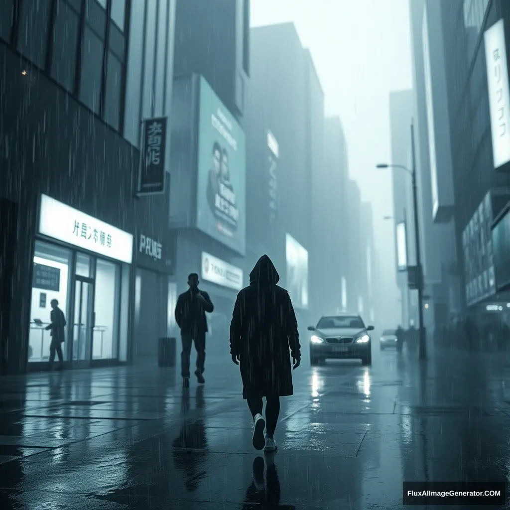 Gloomy atmosphere in a city. A person walking in the rain. Someone watching them eerily from behind.

This prompt structure is concise and clear, making it suitable for various creative applications. It maintains the key elements of the scene:

1. The setting and mood (gloomy city)
2. The main subject (person walking in rain)
3. The element of tension (someone watching eerily)

This format should work well for AI image generation tools or as a writing prompt. It provides enough detail to set the scene while leaving room for interpretation and creativity.