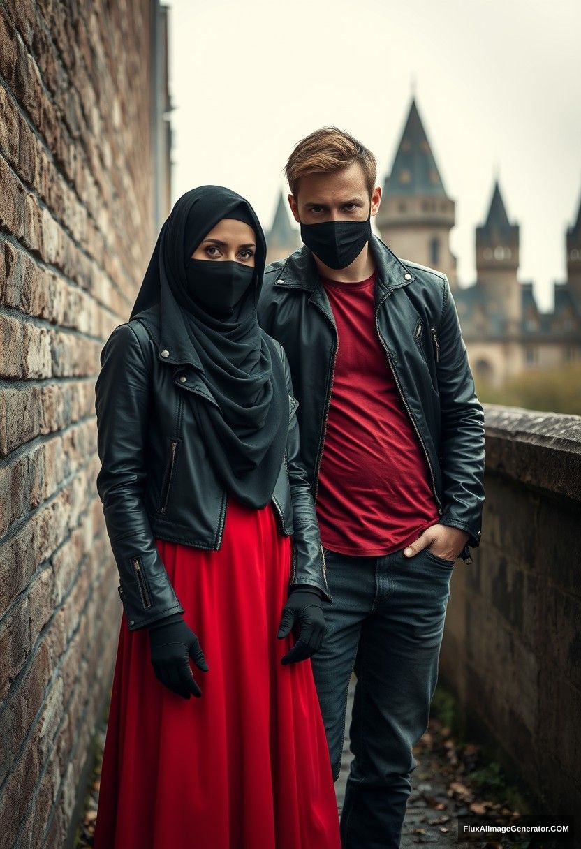 A biggest black hijab girl, beautiful eyes, black face mask, black leather jacket, biggest red longest dress, not tall,

Jamie Dornan, handsome, black face mask, fit and tough body, red metal t-shirt, black leather jacket, jeans, tall man,

standing together near a wall,
Hyper realistic, photorealistic, street photography, Victoria's abandoned castle, gloomy, darkness.