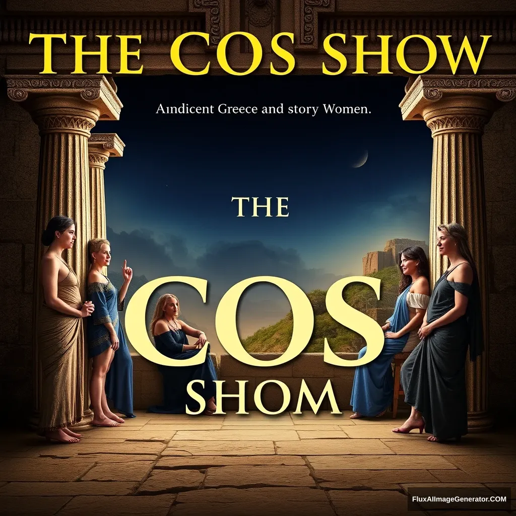 Poster for a new TV show called "The COS Show" set in ancient Greece and starring women. - Image