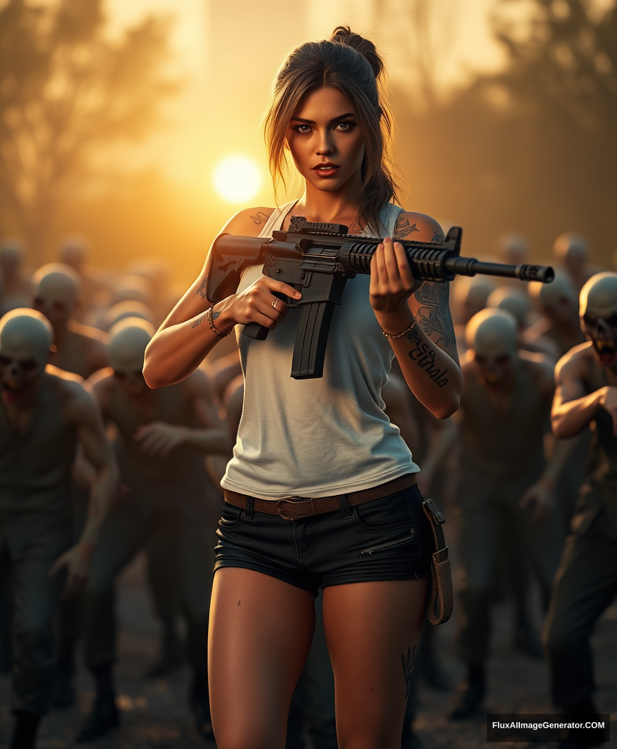 Portrait of a wounded sexy woman in a white vest and a pair of black shorts, tattoos on both arms and thighs, holding an AR-15 rifle with both hands, in an aiming posture, surrounded by scary zombies, golden hour lighting, ray tracing, global illumination.