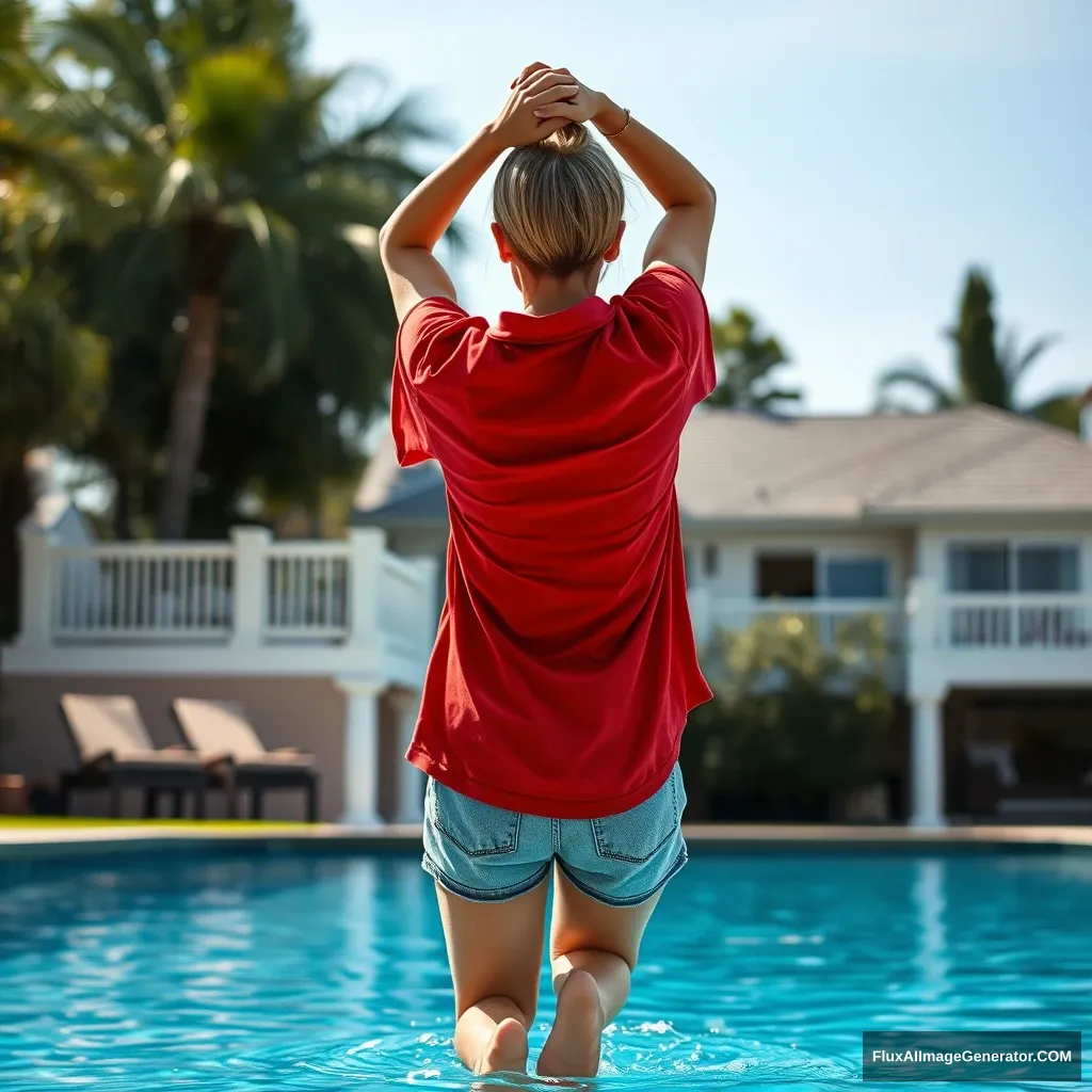 Back view of a young blonde skinny woman who is in her early twenties is in her massive backyard wearing a massively oversized red polo t-shirt which is a bit off balance on one of the shoulders and the bottom part of her t-shirt is tucked in on all sides. She is also wearing M-sized light blue denim shorts and she is wearing no shoes or socks. She dives into her massive luxurious pool with her arms raised above her head and she is upside down. - Image