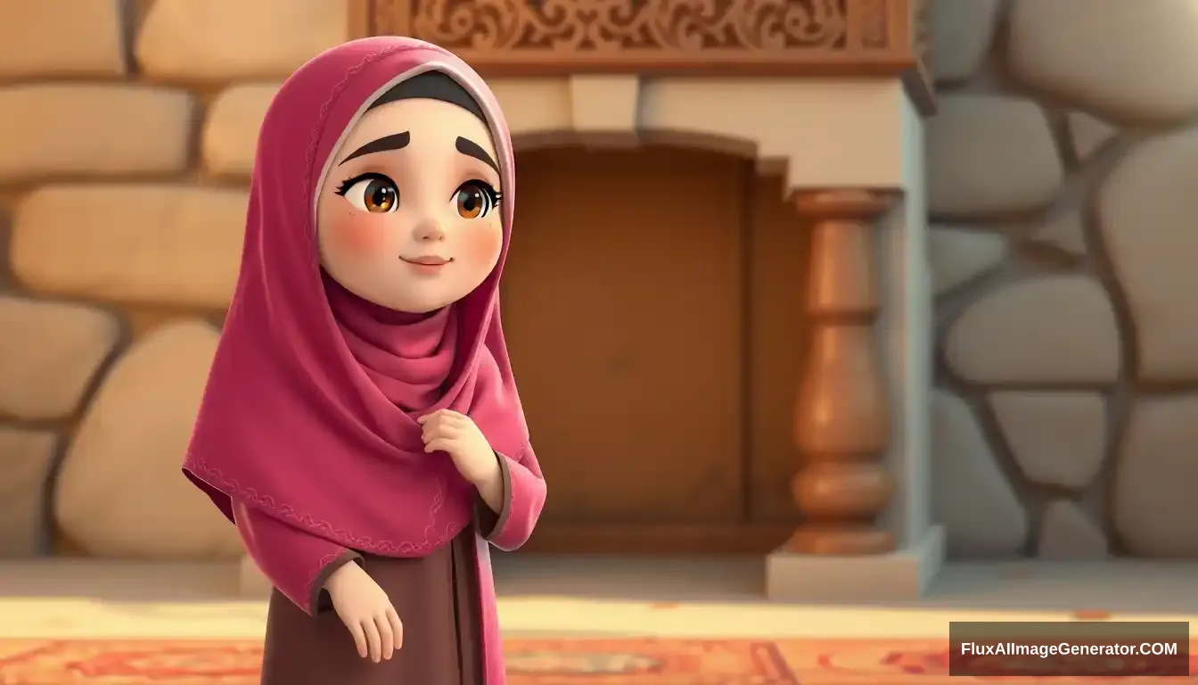 A pious woman named Maryam bint Imran. Maryam is a woman who is very devout in worship and always maintains her purity. She comes from a highly respected family, and since childhood, she was raised in an environment filled with worship and obedience to Allah, create a 3D animated cartoon image.