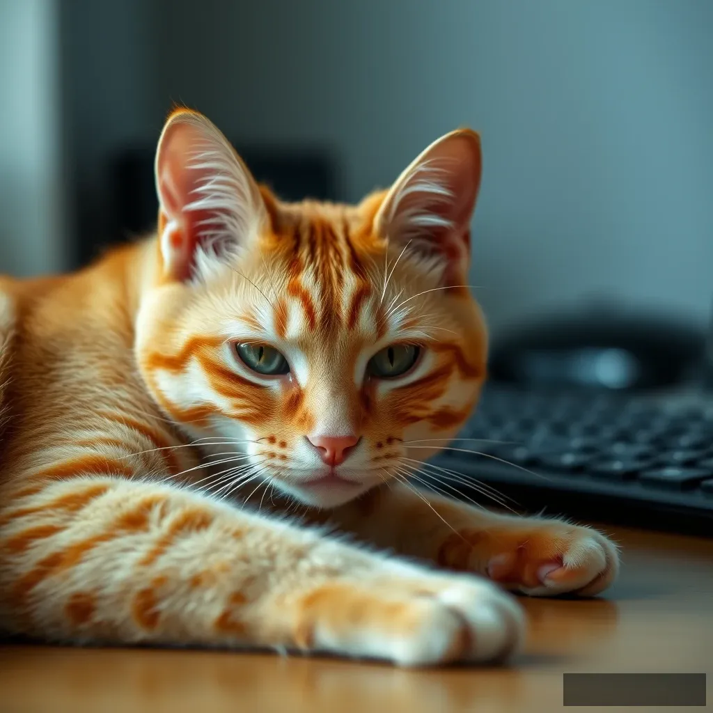 A golden shorthair cat lying on the desk, staring blankly.