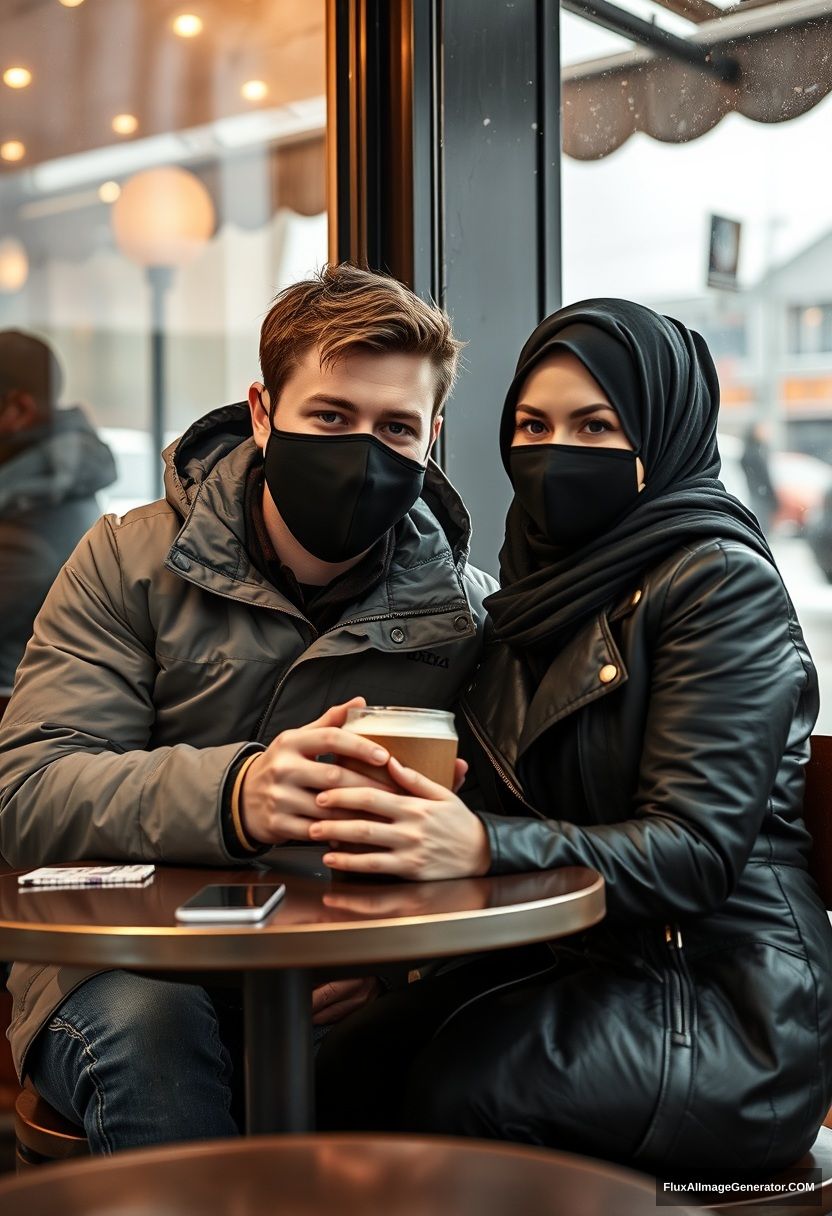 Jamie Dornan, handsome, young, wearing a black face mask, snow jacket, jeans, dating a beautiful Muslim girl in a black hijab with beautiful eyes, also wearing a black face mask and a black leather jacket, in a winter scenery, sitting in a cafe near a glass window in town, having hot chocolate on a gloomy day, photorealistic, street photography.