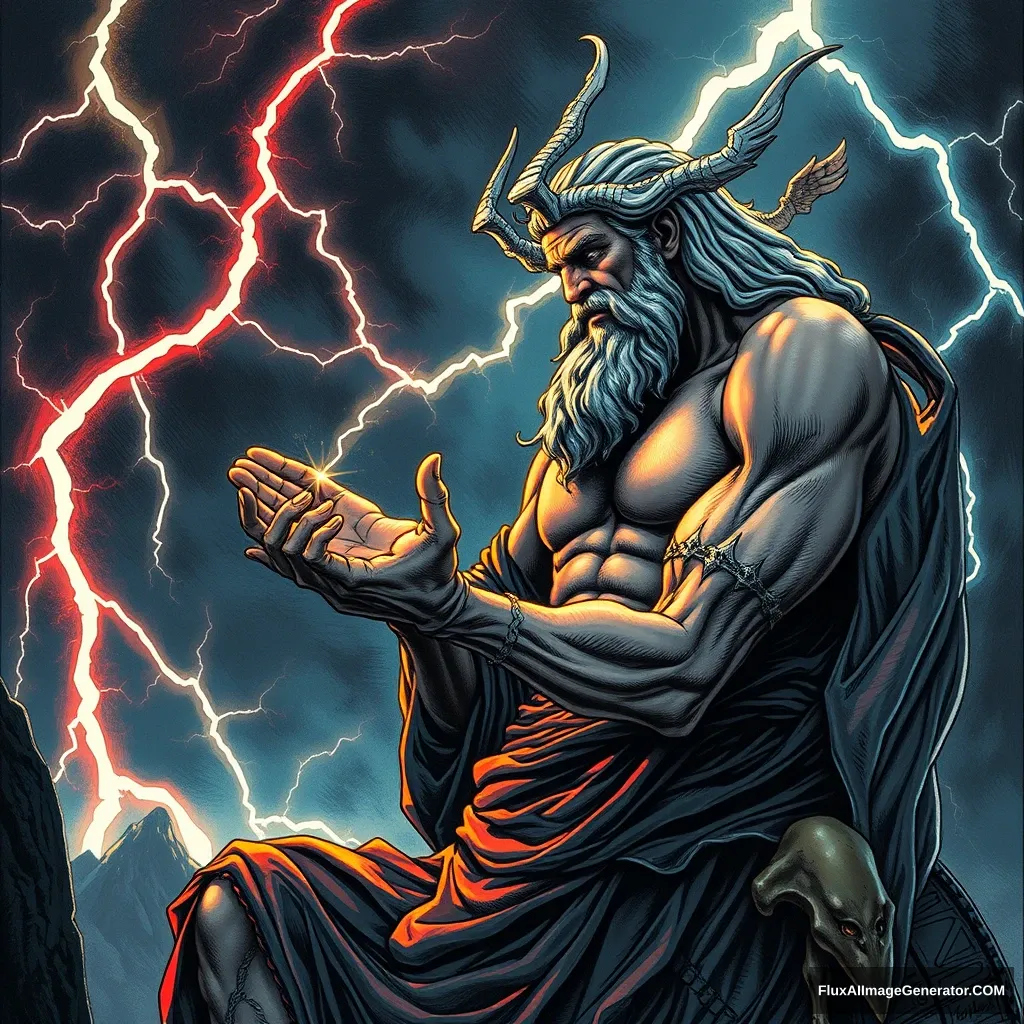 Zeus issuing his command to Hades, lightning crackling in the background, anatomy flawlessly rendered, chiaroscuro enhancing hyperbolic illustration, astonishing 32k resolution, ultra HD, realistic with vivid colors, UHD pen and ink technique, beautiful intricate, fantasy background, full body portrait, dim volumetric lighting, 8k octane beautifully detailed render, intricate, stunning Detailed matte painting, deep color, fantastical, intricate detail, complementary colors, fantasy concept, colorful, color art, color chaos, cutie. - Image