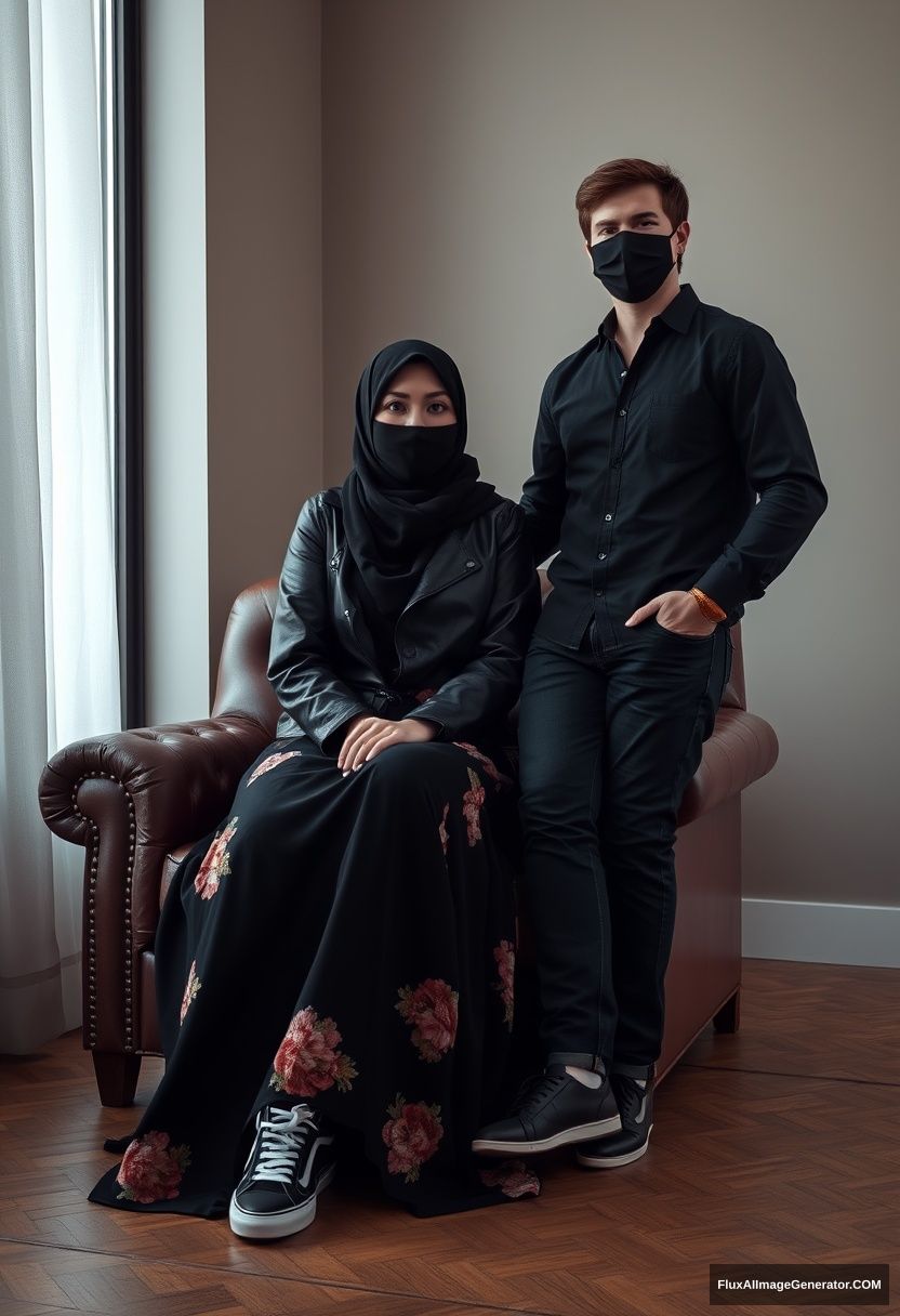 A biggest black hijab burqa girl, beautiful eyes, black leather jacket, biggest floral long dress, black leather sneaker, sitting on leather single wing sofa, Jamie Dornan, black shirt, jeans, black leather sneaker, tall man, face mask black, fit body, standing near her, hyper realistic, studio photography. - Image