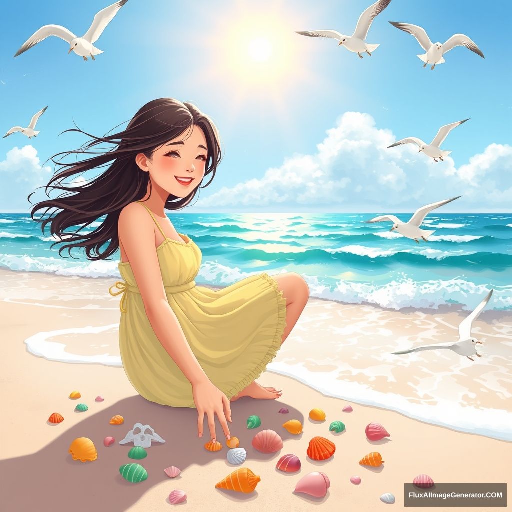 A Asian women on a beach, wearing a bright sundress, her hair flowing in the wind, playing with colorful seashells scattered on the sand, under a radiant sun, with gentle waves lapping at her feet, surrounded by lively seagulls flying overhead, composition framing the girl with the vast ocean in the background, evoking a sense of carefree joy and summer bliss, in a bright and airy illustration, capturing the warmth and happiness of a perfect day by the sea. --ar 16:9 --v 5 - Image