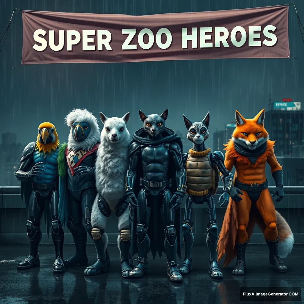 5 animal themed cyborg superheroes, themed around parrot, llama, cat, turtle and fox. They pose on a rooftop on a rainy night for a photo beneath a banner that reads "Super Zoo Heroes".

Gritty, moody, realistic. - Image