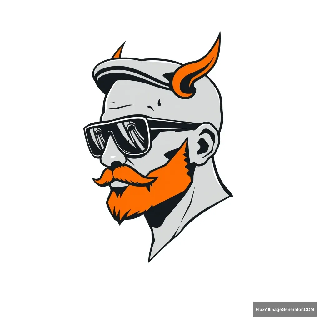 Logo design: Minimalist vector illustration of a bald human male, three-quarter view. Flat cap, striking aviator glasses reflect digital circuits. Demonic horns curl from temples. Fiery ginger beard blends seamlessly with trimmed mustache. 3D printer layer lines texture skin. Futuristic dystopian vibe. Monochromatic color scheme.