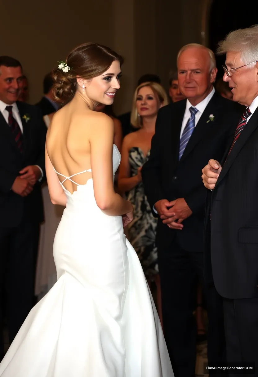 A petite young woman, sensitive, delicate, affectionate, wearing a backless, strapless, side-less, low-waisted, thigh-cut contouring wedding dress. Fawning obediently while mingling with fathers. Expectations. Perfect posture. Pale skin. - Image