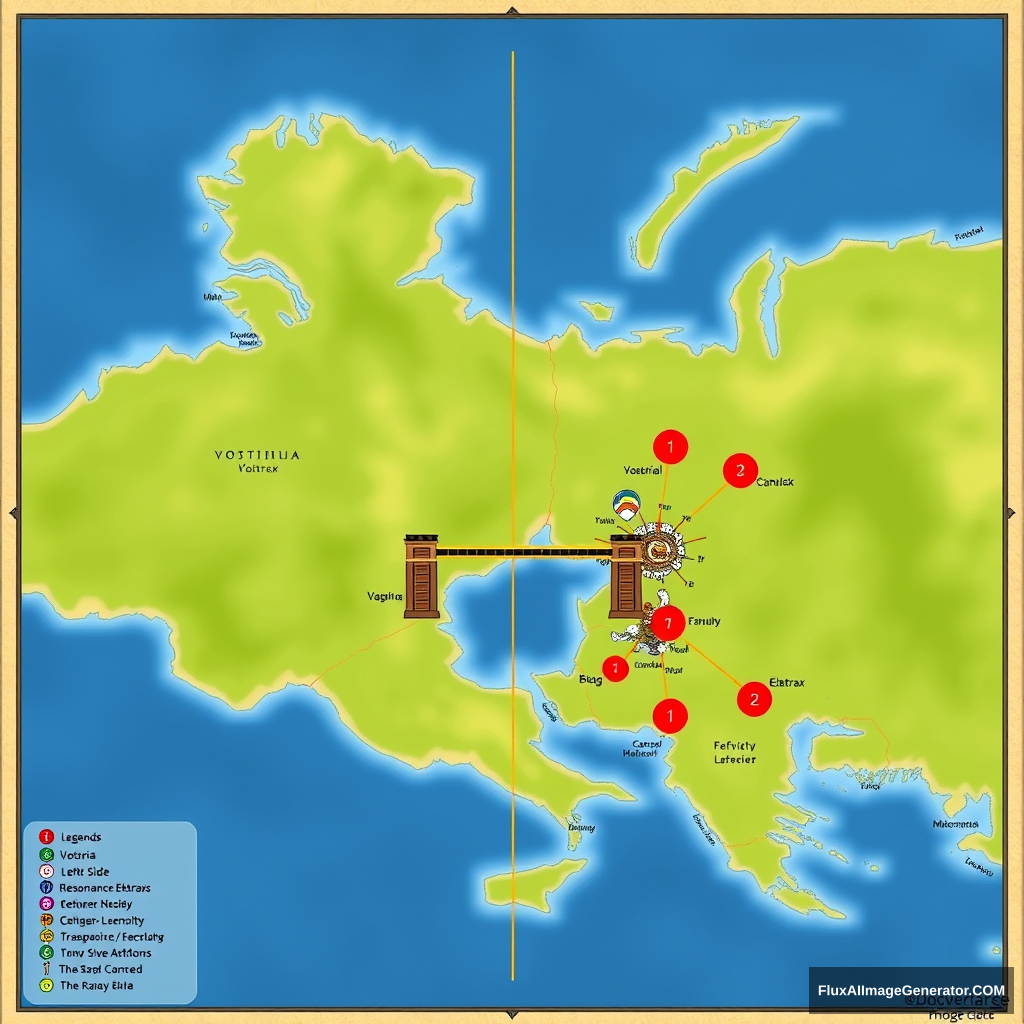 The map is divided into two distinct halves:

Left side (blue): Vostria
Right side (green): Eletrax

The Divide/Resonance is clearly indicated by an orange vertical line running centrally through the map.
The Bridge is illustrated as a brown rectangle spanning across the Divide at the heart of the map.
The capital cities of both Vostria and Eletrax are marked by prominent red circles.
A legend is provided at the bottom left corner to clarify the meanings of the various symbols used.