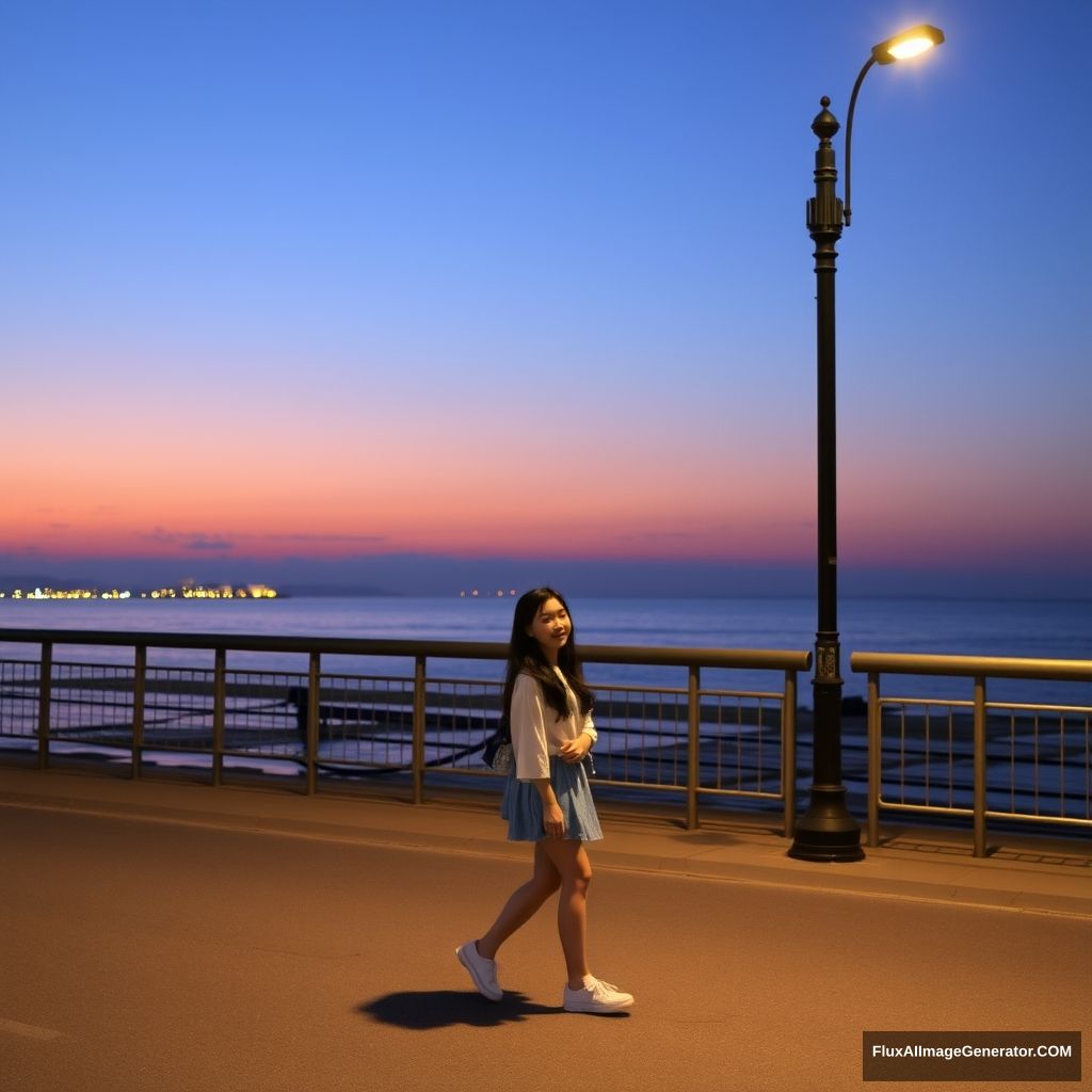 A female student walking by the seaside, beach, Chinese, street, girl, dusk, streetlight. - Image