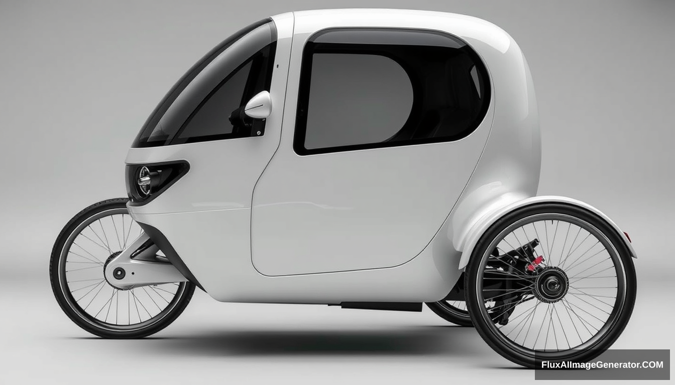 3-wheeled, enclosed, concept car, 2 wheels in front, (1 wheel in back), 4k, wide bicycle wheels, very low, sleek, detailed.