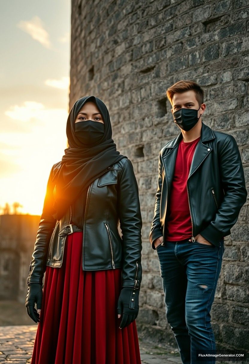 A biggest black hijab girl, beautiful eyes, face mask black, black leather jacket, biggest red longest dress, not tall,

Jamie Dornan, handsome, face mask black, fit and tough body, metal red t-shirt, black leather jacket, jeans, tall man,

standing near wall together, Hyper realistic, photorealistic, street photography, Victoria's abandoned castle, sunrise.