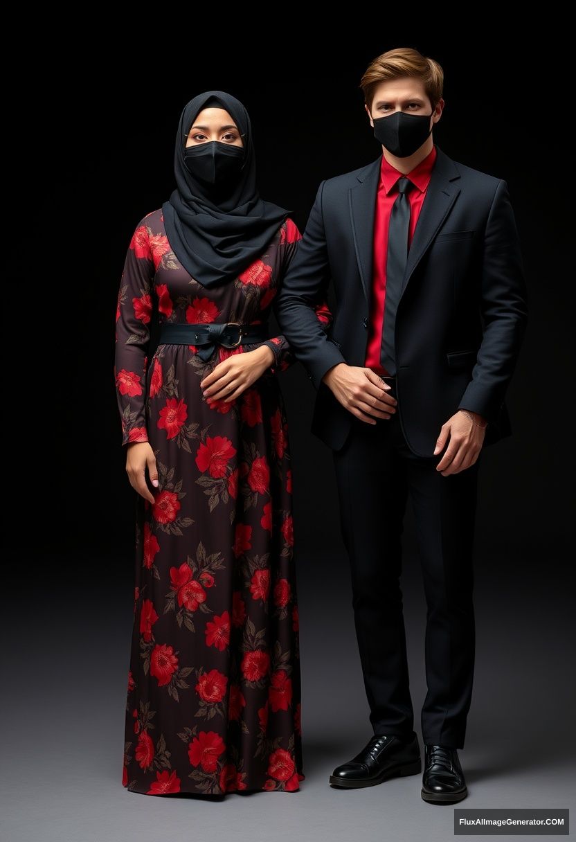 A biggest black hijab girl, beautiful eyes, black face mask, biggest red floral longest dress, not tall, standing, love holding his arm

Jamie Dornan, youngest, black suit coat, red shirt, black tie, black leather sneakers, tall man, black face mask, fit tough body, standing near her, love couple

hyper realistic, studio photography, photorealistic - Image