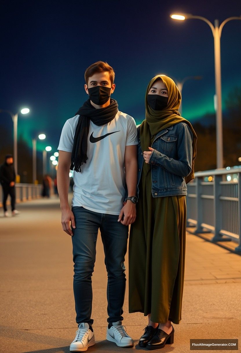 Jamie Dornan, handsome, black face mask, white Nike T-shirt, jeans, sneakers, dating a romantic Hijab-wearing Muslim girl in army green, beautiful eyes, black face mask, denim jacket, longest skirt, not tall girl, holding hands, photorealistic, street photography, full photography, selfie photos, night scenery, aurora.