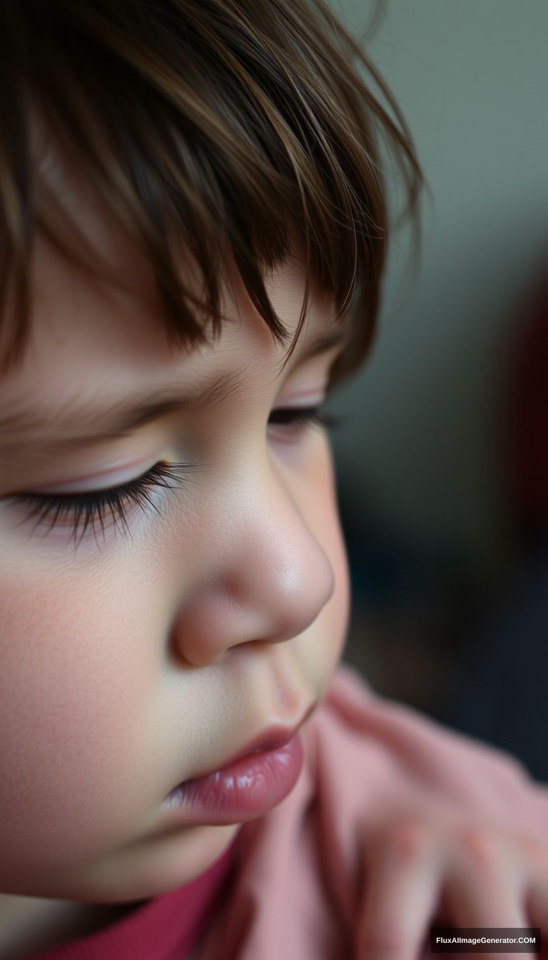 Close-up of the child's downcast, silent expression, showing inner repression and helplessness.