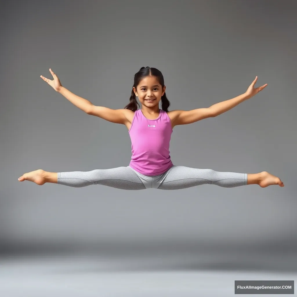 "Create a photo: A girl in gym clothes is doing a split. The young girl has 2 arms and 2 legs." - Image