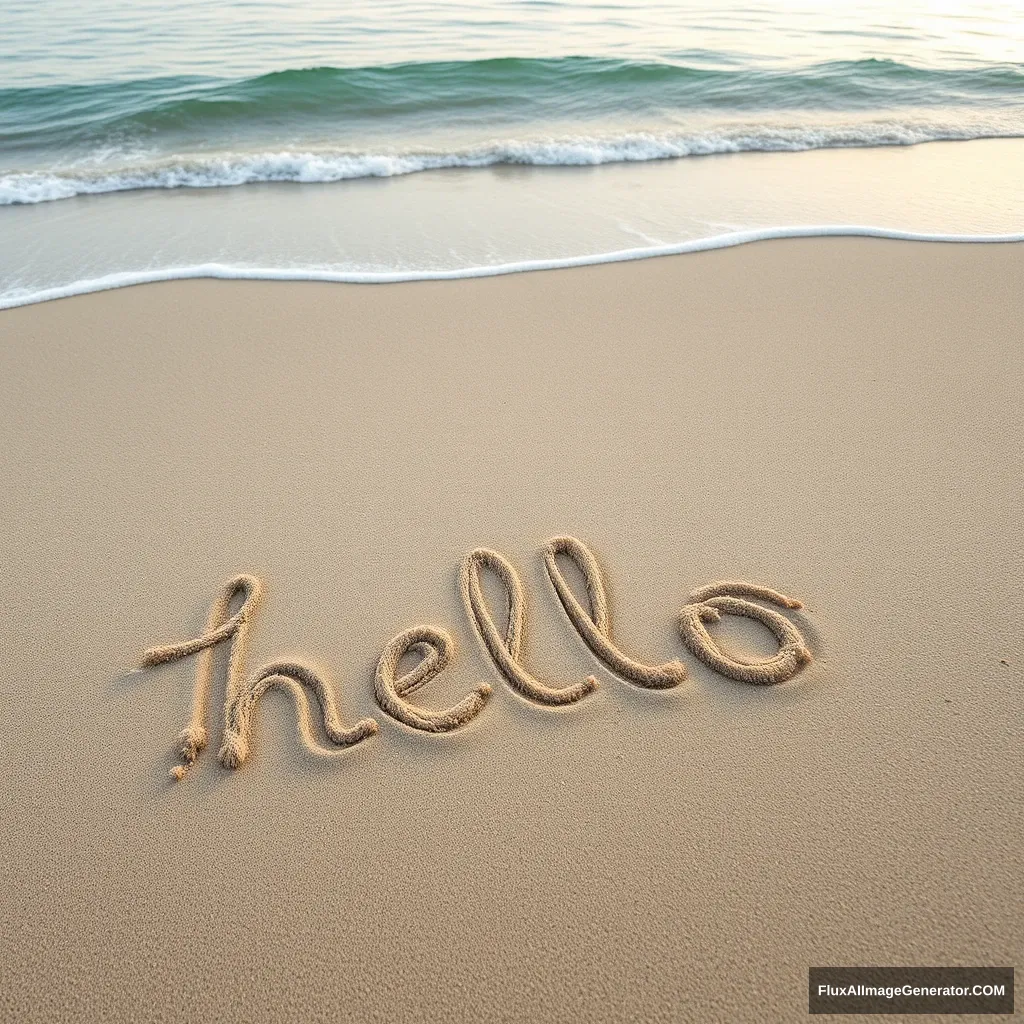 A beach, with "hello" written in the sand. - Image