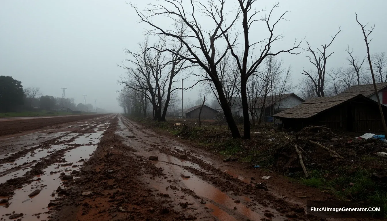 The sky was dark, the trees were dead, the muddy ground was mixed with some rags, and there was reddish water, as it had rained for a long time and it was foggy. If you walk on the side of the road, you can see some mounds of earth, and some broken bones can be seen when the rain washes away. Concentrated living villages. - Image