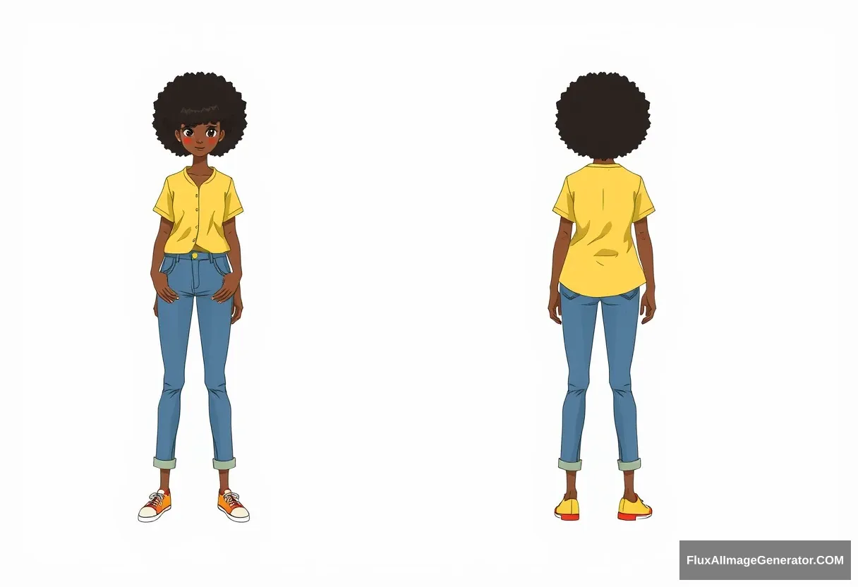 front, side and back, profile character sheet, girl in yellow shirt with jeans, afro hair covering eyes, - Image