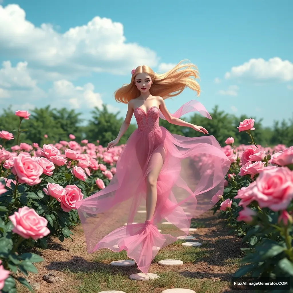 A mermaid girl wearing a transparent pink chiffon dress running in a rose garden, with a blue sky and white clouds, a solid color background, Picas style, 3D rendering, natural light, high-definition picture quality, 8k, -- niji 6