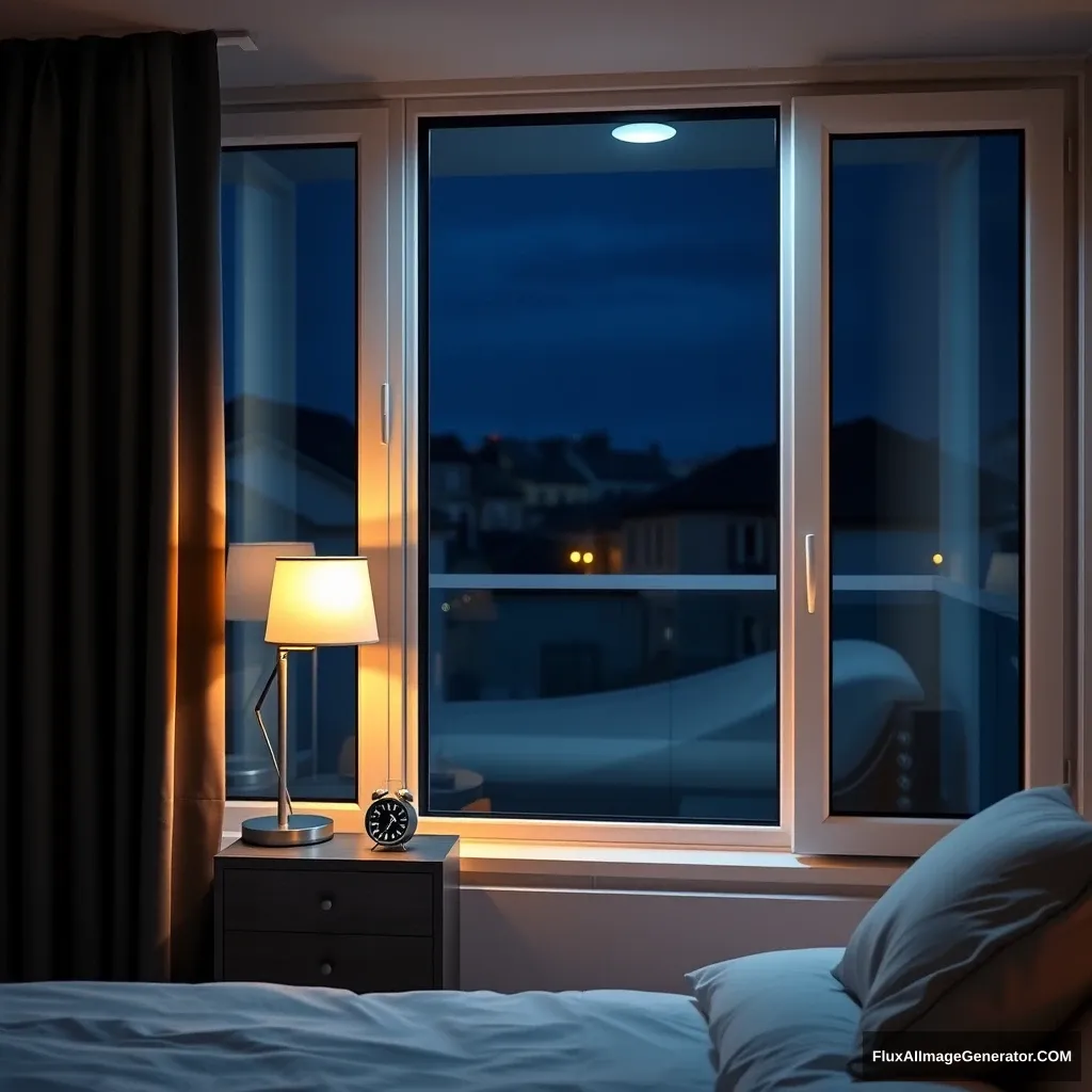 Glass window, modern bedroom apartment in France, a study lamp lighting, midnight scenery, 2:15 AM on a small clock at a small desk behind the bed, hyper-realistic, photorealistic.