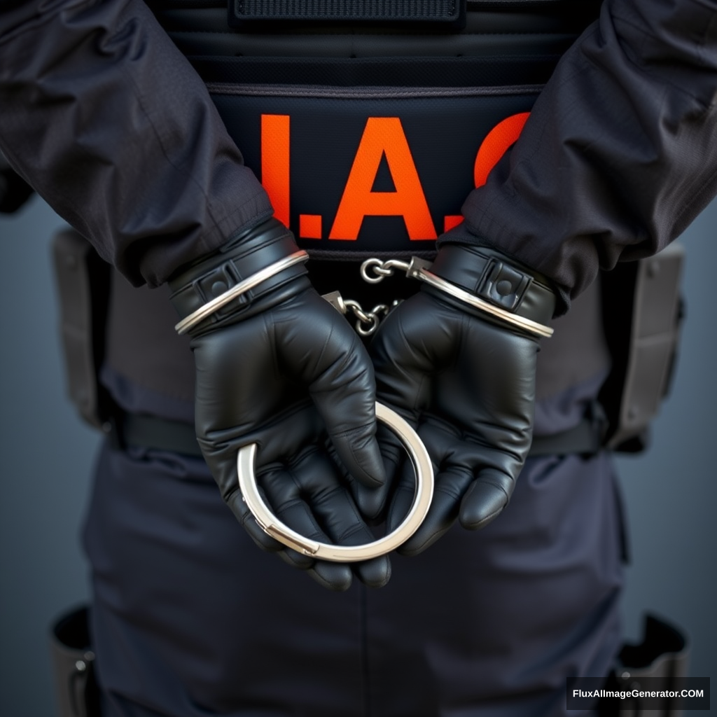 A soldier in black gear with the black and orange inscription N.A.C. is placed in steel handcuffs, with a shot of his gloved hands and handcuffs behind his back.