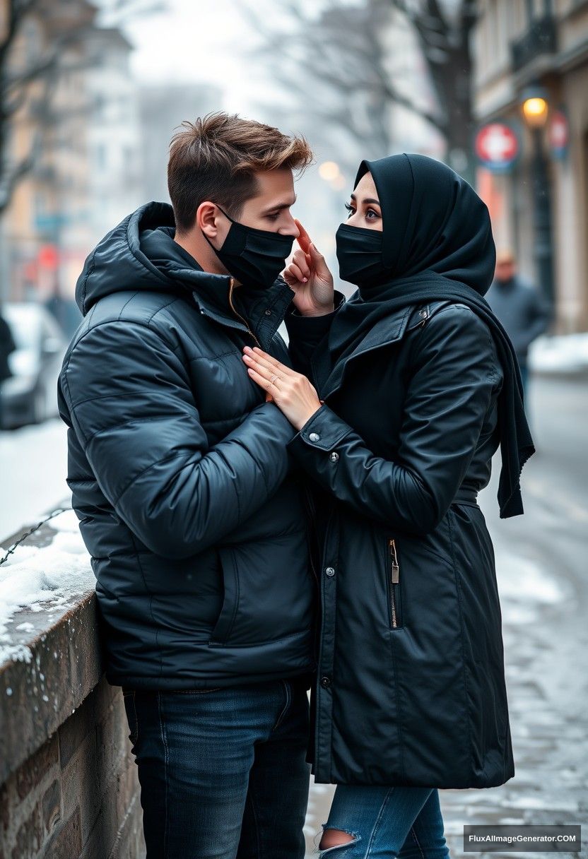 Jamie Dornan, handsome, young, wearing a black face mask, snow jacket, and jeans, dating a beautiful Muslim girl in a black hijab with beautiful eyes, also wearing a black face mask and black leather jacket. They are standing together near a wall in a winter scenery in town, pinching each other's cheeks, photorealistic street photography.