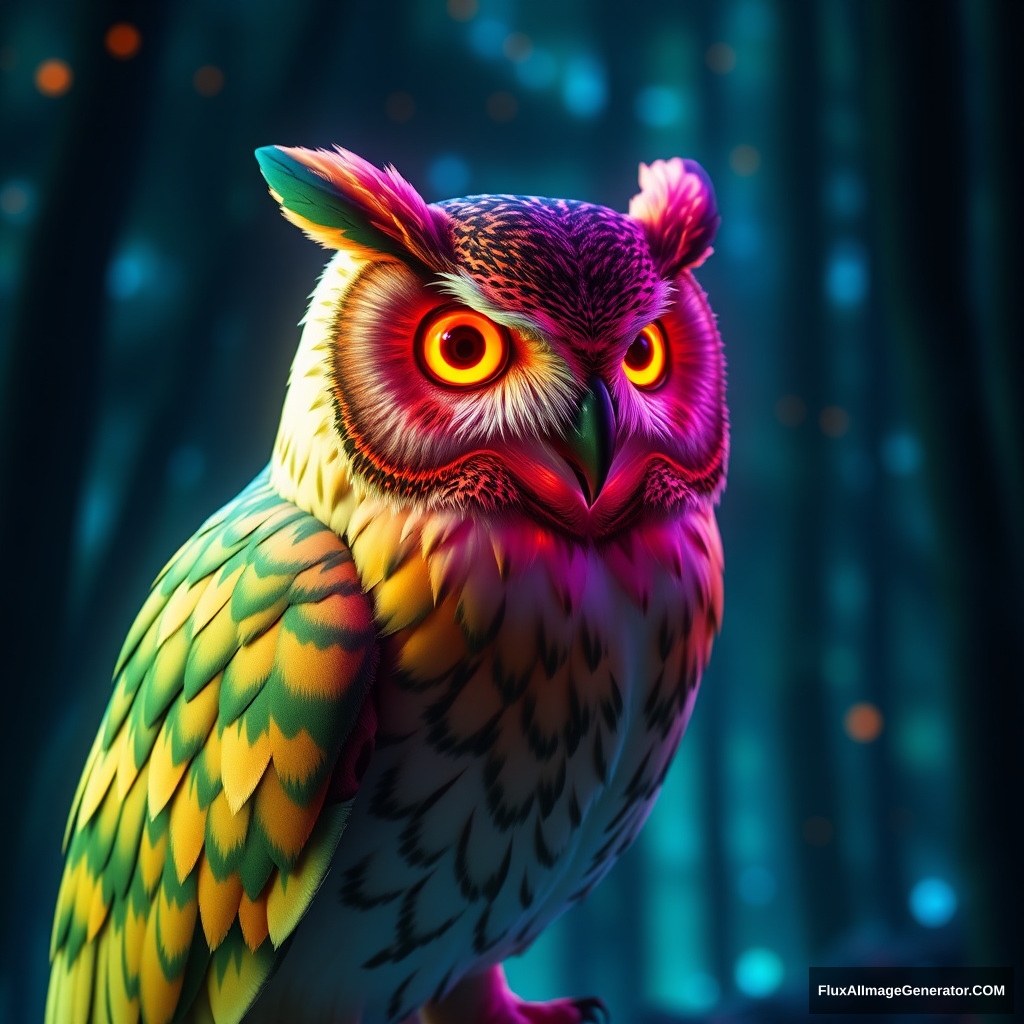 portrait | wide angle shot of eyes off to one side of frame, lucid dream-like 3d model of owl, game asset, blender, looking off in distance ::8 style | glowing ::8 background | forest, vivid neon wonderland, particles, blue, green, orange ::7 parameters | rule of thirds, golden ratio, asymmetric composition, hyper-maximalist, octane render, photorealism, cinematic realism, unreal engine, 8k ::7 --ar 16:9 --s 1000