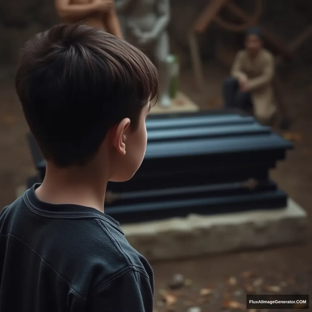 A 17-year-old boy looks at a black coffin from a distance. - Image