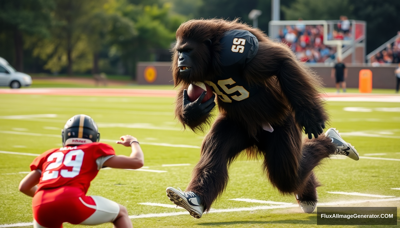 Bigfoot running down the football field, blocking players.