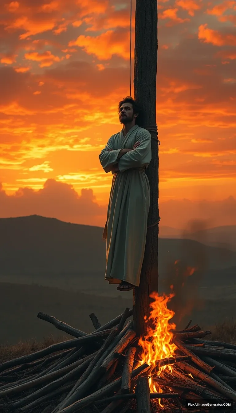 A lone figure, dressed in a white robe, is tied to a towering wooden pole on a barren hilltop. The sky is ablaze with the orange and red of a sunset, a large fire burning through the pile of wood beneath his feet, his clothes burning. The figure's face is turned toward the sky, his expression calm and accepting. Dramatic lighting, cinematic, highly detailed, digital painting.