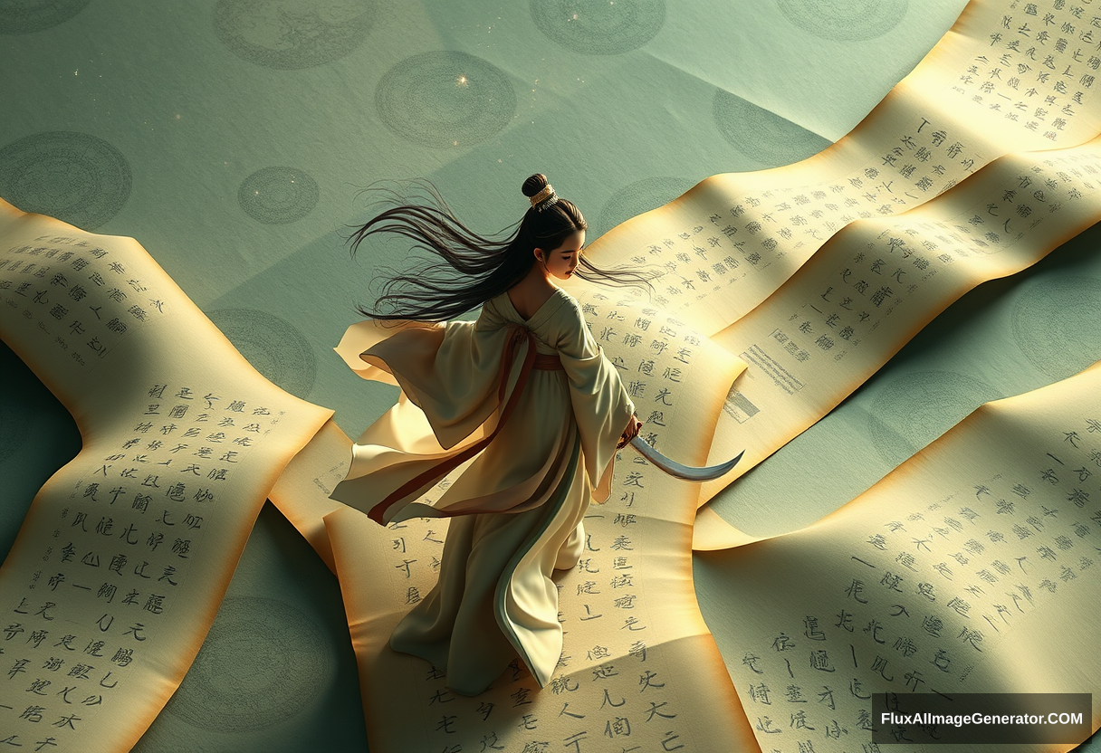 From the perspective of a drone, a petite young woman from ancient China walks on some undulating scrolls covered with calligraphy. She holds a long sword, dressed in soft satin, her long hair flowing in the wind. A 3D rendered Chinese ink painting scene. Light gold and emerald colors. A bird's eye view, grand and spectacular scenery. Distinct interplay of light and shadow, with subtle stars floating in the air, creating a dreamlike surreal atmosphere. Ultra high resolution, with an artistic and spatial overall composition. Delicate brushstrokes, gentle flow, historical painting, 3D rendering.