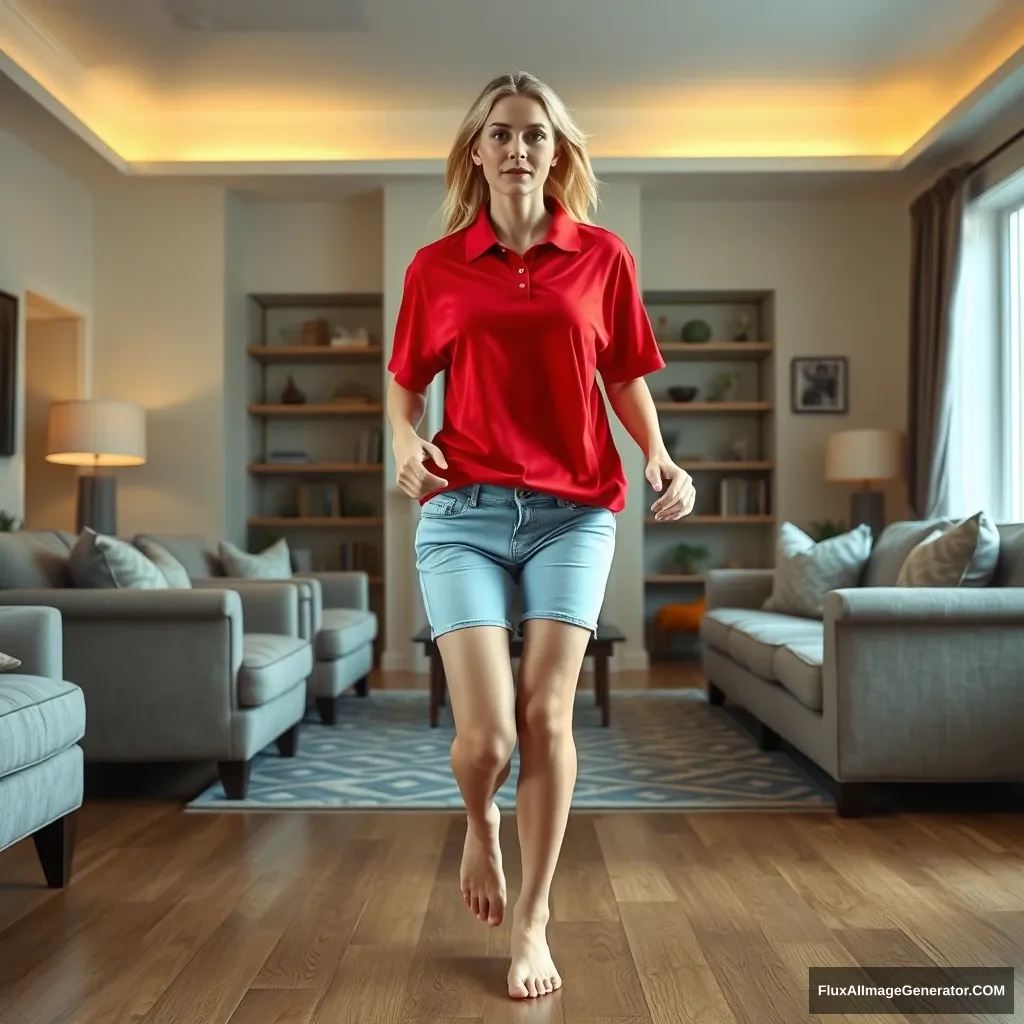 Front view of a blonde skinny woman who is in her massive living room wearing a massively oversized red polo T-shirt which is very off balance on one of the shoulders and wearing light blue denim shorts that are knee height. She is wearing no shoes or socks, and she faces the camera while getting off her chair and runs towards the camera with both her arms straight down at her sides. - Image