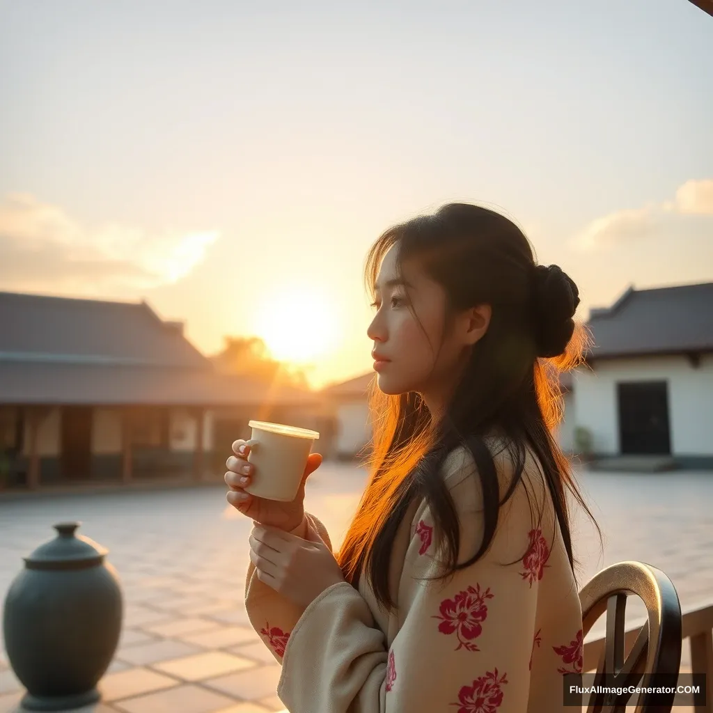 A sunshine morning, in a village court, a Chinese girl is drinking a coffee. - Image