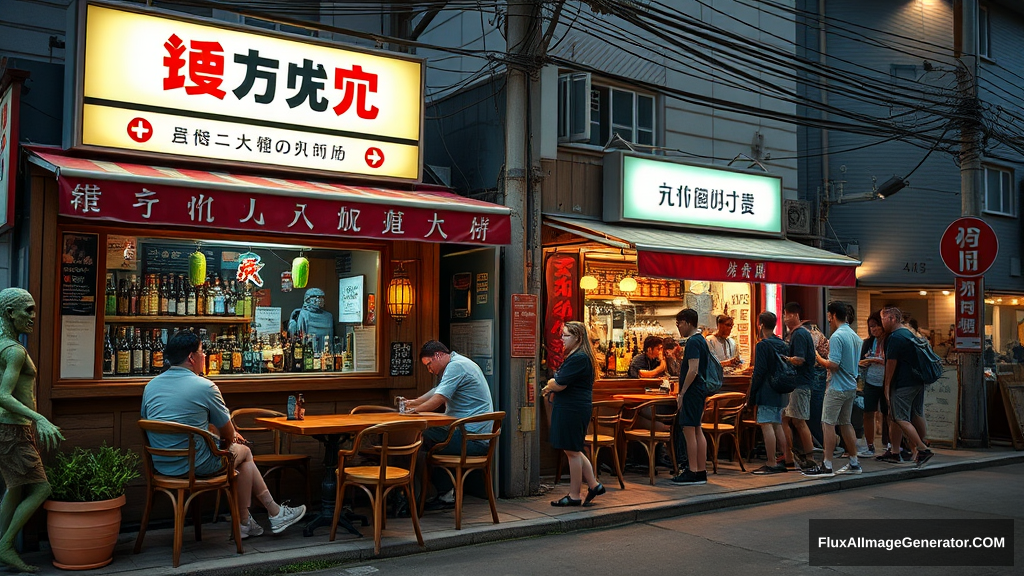 Real-life photography, wide shot: There are two small shops selling alcohol, with tables and chairs set up outside, where many young men and women are drinking and chatting. A zombie (like the zombies from Plants vs. Zombies) walks by. There are Chinese letters or Japanese letters. - Image