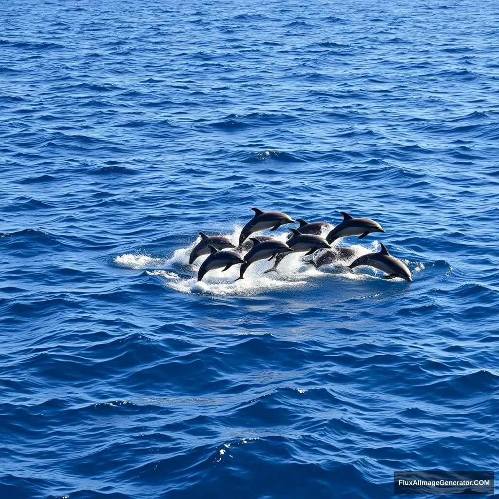 A pod of dolphins is continuously leaping out of the vast sea.