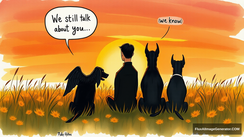 Messy hand drawn watercolor illustration: male figure in meadow at golden hour, silhouetted against vibrant sunset sky. 3 Winged canines black and tan doberman companions sat beside. facing away from the viewer, Speech bubbles float above: "We still talk about you" (person), "we know" (dog). Nostalgic atmosphere, brushstrokes convey wistful longing. - Image